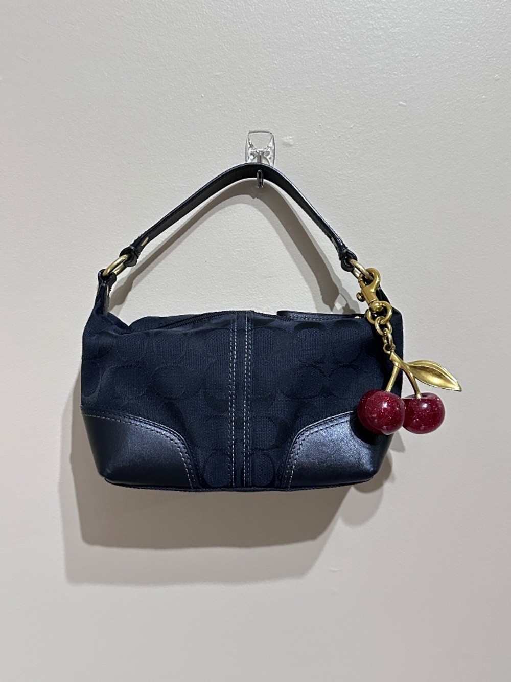 Coach Vintage Y2K Black Signature Mini Hobo Handbag & Cherry Keychain (not Coach